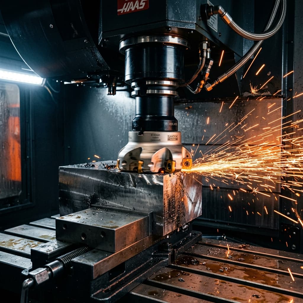 High-precision CNC milling head cutting steel block with sparks flying